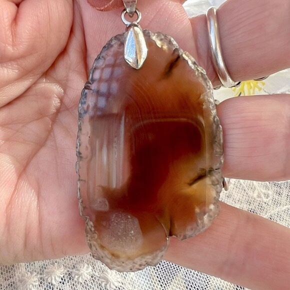 Genuine Geode Slab Necklace Brown & Cream 16" - 18" - Picture 6 of 11